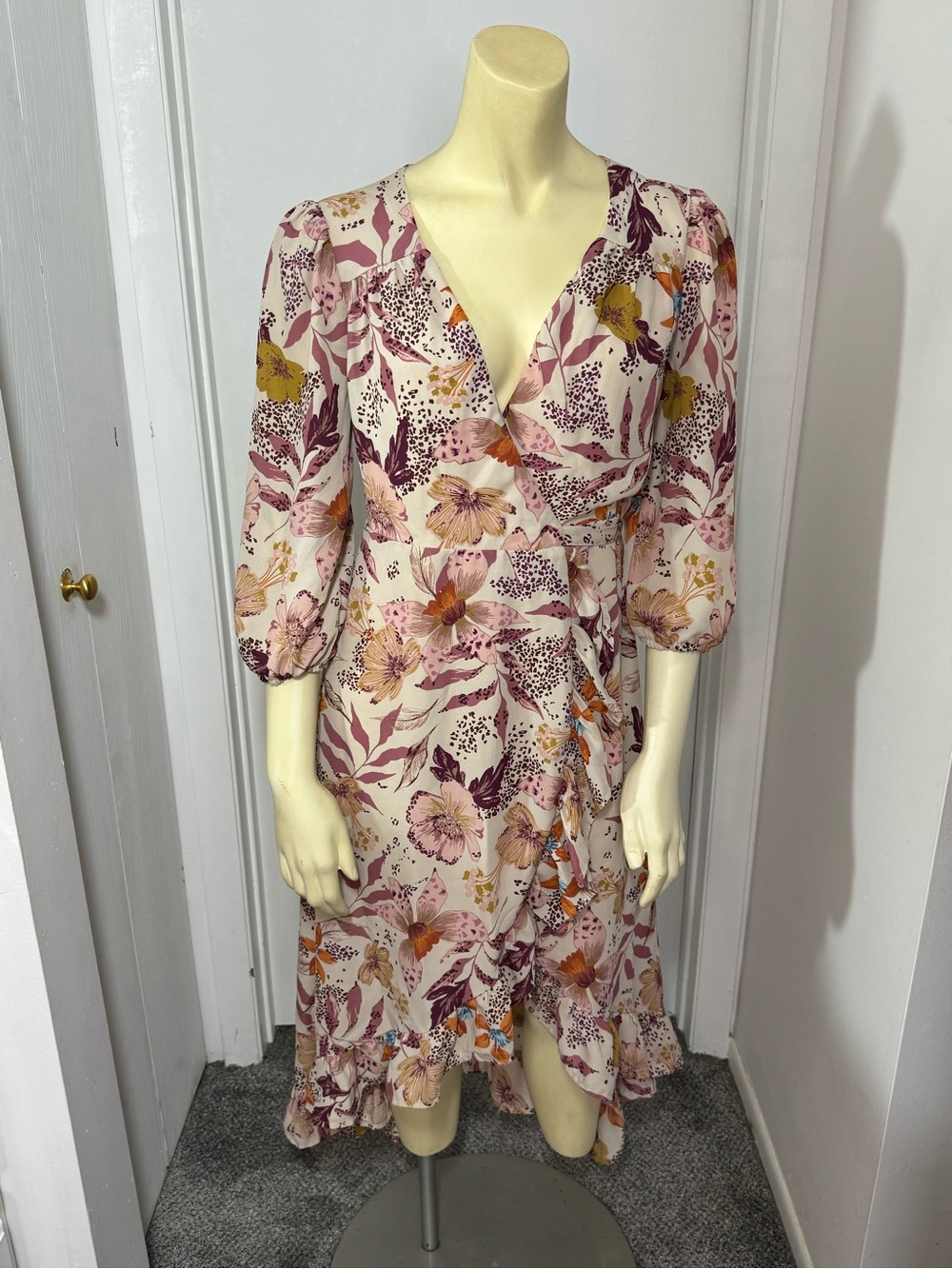 miami Cream Floral Wrap Midi Dress with Pink and Mustard Accents